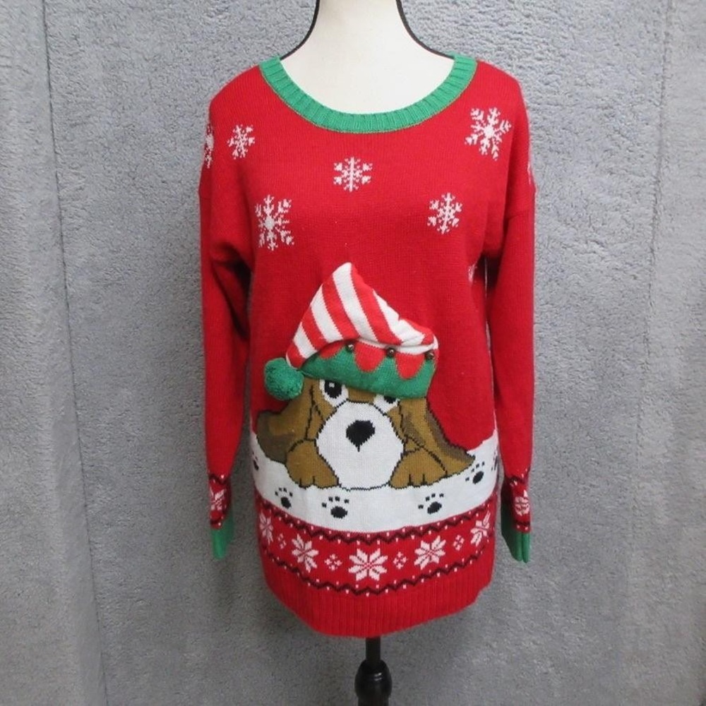 New Directions Christmas Sweater Womens Petite Medium Red Dog Ugly Holiday Bells